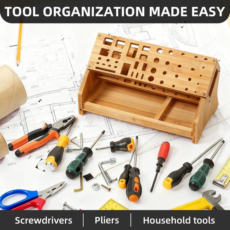 ValuXpro Bamboo Screwdriver Organizer - Tool Storage Organizer Workbench Desktop Rack - Hand Piler Tools Storage Holder (Bamboo, 1) - Image 3
